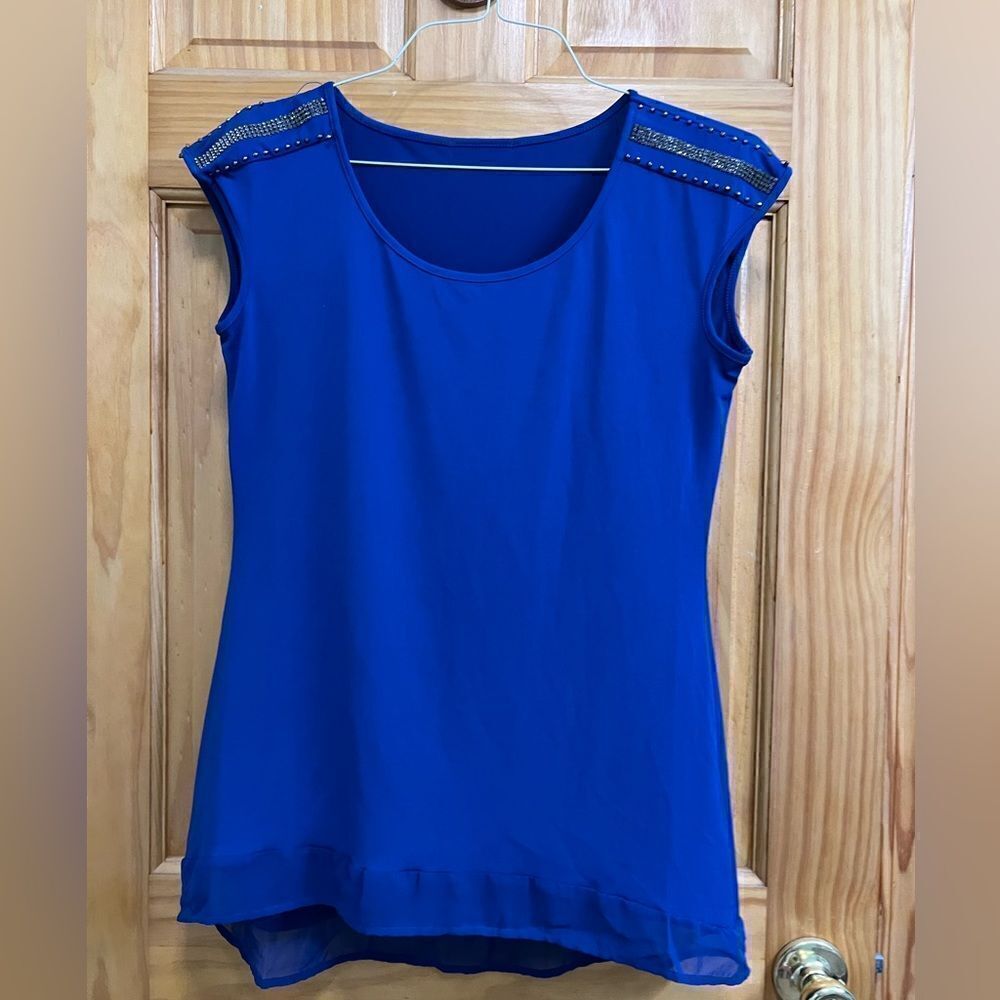 Gorgeous cobalt blue rhinestone and bead embellished blouse size small